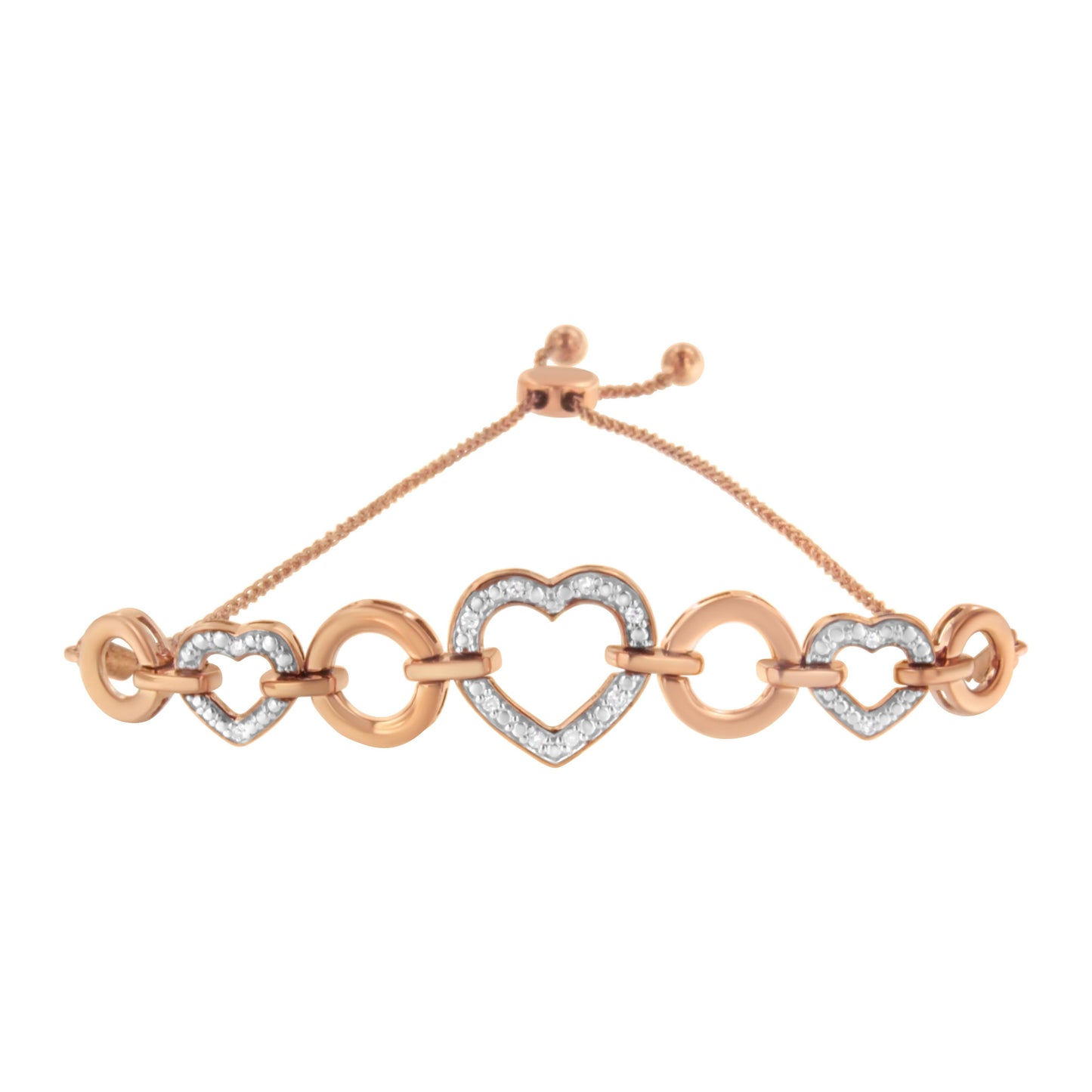 14K Rose Gold Plated .925 Sterling Silver Diamond Accent Circle and Heart Link Adjustable 6â€-10â€ Bolo Bracelet