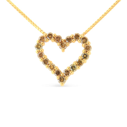 14K Yellow Gold Plated .925 Sterling Silver 1.0 Cttw Champagne Diamond Heart Pendant Necklace (K-L Color, I1-I2 Clarity) - 18"