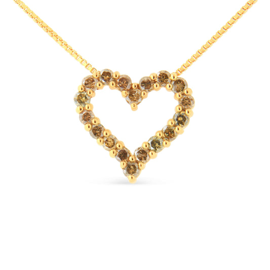 Collier avec pendentif cœur en diamant champagne 1,0 carat en argent sterling 925 plaqué or jaune 14 carats (couleur K-L, pureté I1-I2) - 45,7 cm