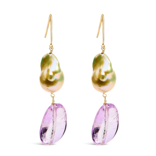 Boucles d'oreilles pendantes en or jaune 14 carats, améthyste et perles baroques, longueur 2 pouces