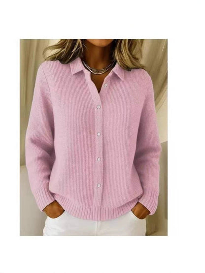 2026 New European And American Cross-Border Turn-Down Collar Solid Color Sweater Cardigan European And American Cross-Border Casual Knit Jacket For Women In Autumn And Winter