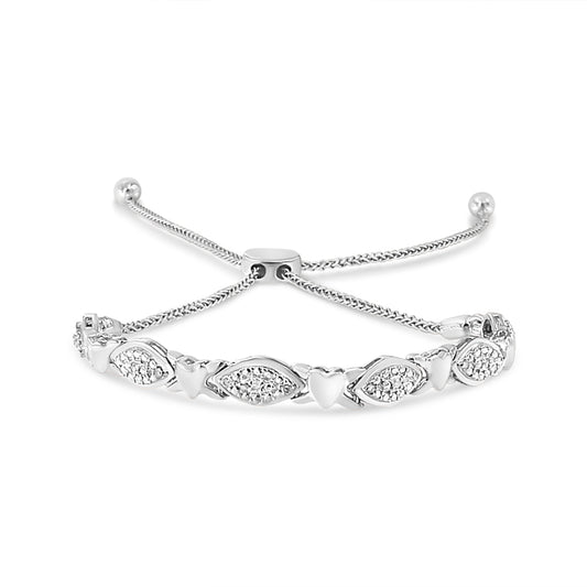 Bracelet Bolo en argent sterling .925 plaqué or jaune 14 carats, avec diamants alternés en forme de marquise et de cœur (couleur I-J, pureté I3) - Ajustable de 6" à 9"
