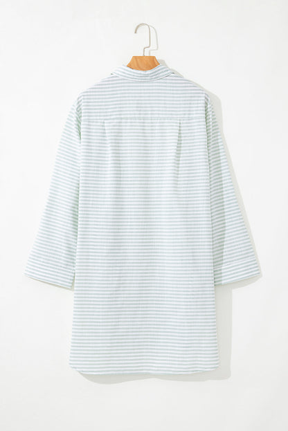 Striped Johnny Collar Long Sleeve Mini Shirt Dress