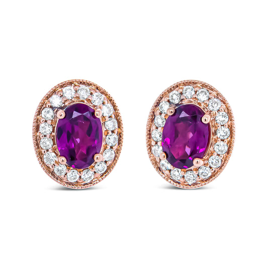 Puces d'oreilles halo en or rose 14 carats, grenat ovale 7x5mm et diamants ronds 3/8 Cttw (couleur G-H, clarté SI1-SI2)