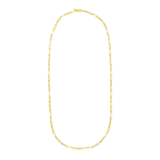Collier chaîne trombone et perles en or jaune 14 carats