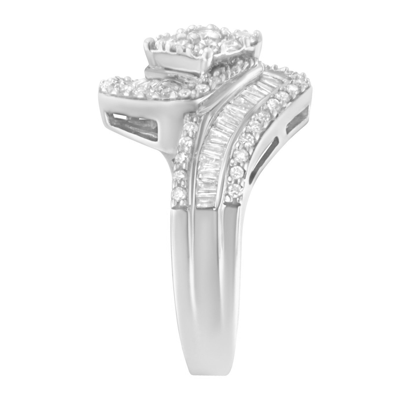 14K White Gold 1 Cttw Baguette and Round Diamond Floral Swirl Cluster Cocktail Ring