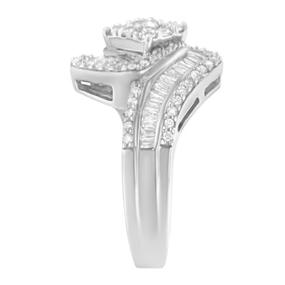14K White Gold 1 Cttw Baguette and Round Diamond Floral Swirl Cluster Cocktail Ring