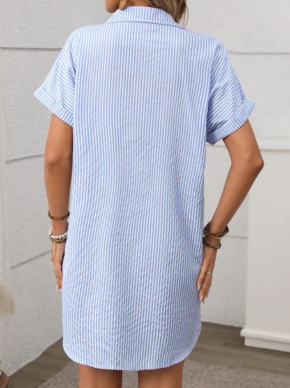 Striped Button Down Short Sleeve Mini Dress