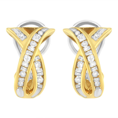 14K Yellow and White Gold 1/2 TDW "X" Shape Cross Over Diamond Hoop Earrings (I-J, I2-I3)