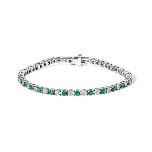 Bracelet de tennis en or blanc 14 carats, diamants et émeraudes en alternance (total 1,5 carat)
