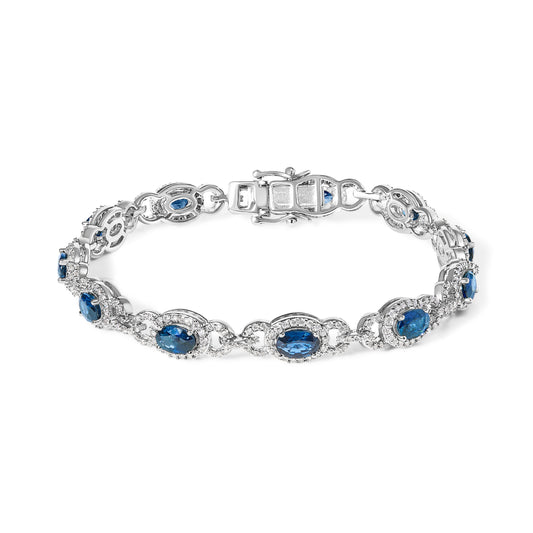Bracelet maillons en or blanc 14 carats avec saphir bleu ovale et diamants d'inspiration vintage