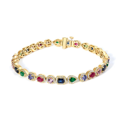 14K Yellow Gold Multi-Gemstone  and Diamond Halo Rainbow Tennis Bracelet