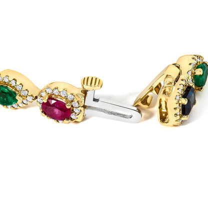 14K Yellow Gold Multi-Gemstone  and Diamond Halo Rainbow Tennis Bracelet