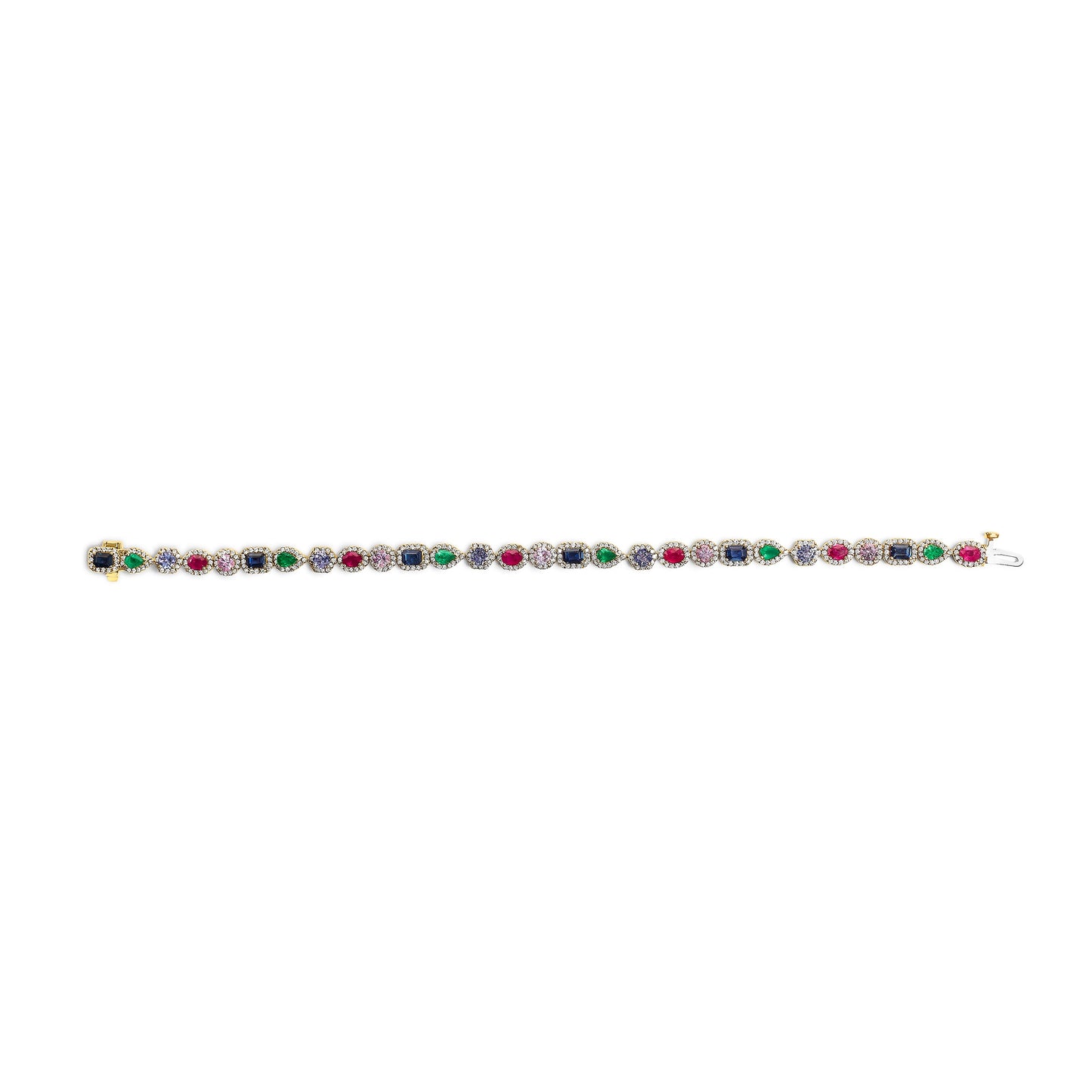 14K Yellow Gold Multi-Gemstone  and Diamond Halo Rainbow Tennis Bracelet
