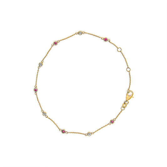 Bracelet chaîne à maillons alternés de rubis rouges et de diamants blancs en or jaune 14 carats (couleur I-J, pureté SI2-I1) - 20,3 cm
