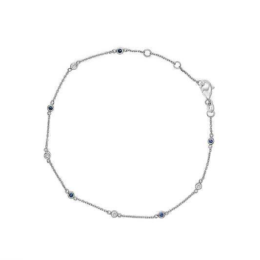 Bracelet chaîne avec saphirs bleus et diamants blancs alternés sertis clos en or blanc 14 carats (couleur I-J, clarté SI2-I1) - 8 pouces