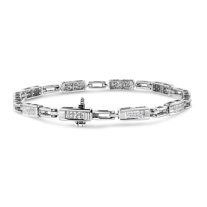 14K White Gold 1.0 Cttw Invisible Set Princess Cut Diamond Alternating Station and Link Tennis Bracelet (I-J Color, I1-I2 Clarity) - Size 7.25" Inches