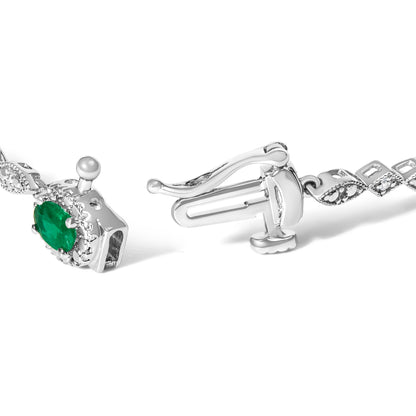 10K White Gold Oval Green Emerald & Diamond Alternating Link Bracelet