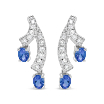 14K White Gold 4x3MM Oval Shaped Natural Blue Tanzanite Gemstone and 1/5 Cttw Diamond Double 3/4" Inch Drop Stud Earrings (H-I Color, VS1-VS2 Clarity)