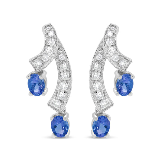 Boucles d'oreilles clous tombantes doubles 3/4" en or blanc 14 carats, tanzanite bleue naturelle ovale 4x3MM et diamants 1/5 Cttw (couleur H-I, pureté VS1-VS2)