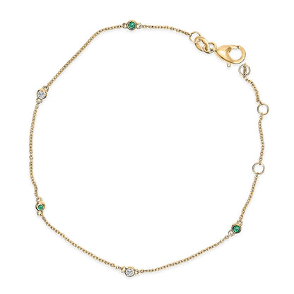 14K Yellow Gold Alternating Green Emerald and Diamond Bezel Station Chain Bracelet - Size 7.5 inch