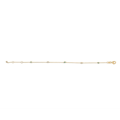 14K Yellow Gold Alternating Green Emerald and Diamond Bezel Station Chain Bracelet - Size 7.5 inch