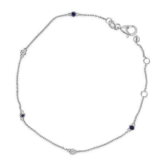 Bracelet chaîne à maillons, saphirs bleus et diamants sertis clos alternés, or blanc 14 carats - Taille 7,5 pouces