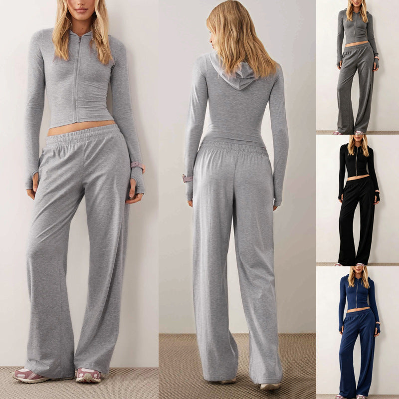 2026 In Stock Autumn Winter European And American Women's Fashion New Casual Hooded Sweatshirt Jacket Solid Color Slim Fit Two Piece Set
