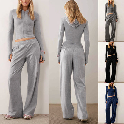 2026 In Stock Autumn Winter European And American Women's Fashion New Casual Hooded Sweatshirt Jacket Solid Color Slim Fit Two Piece Set