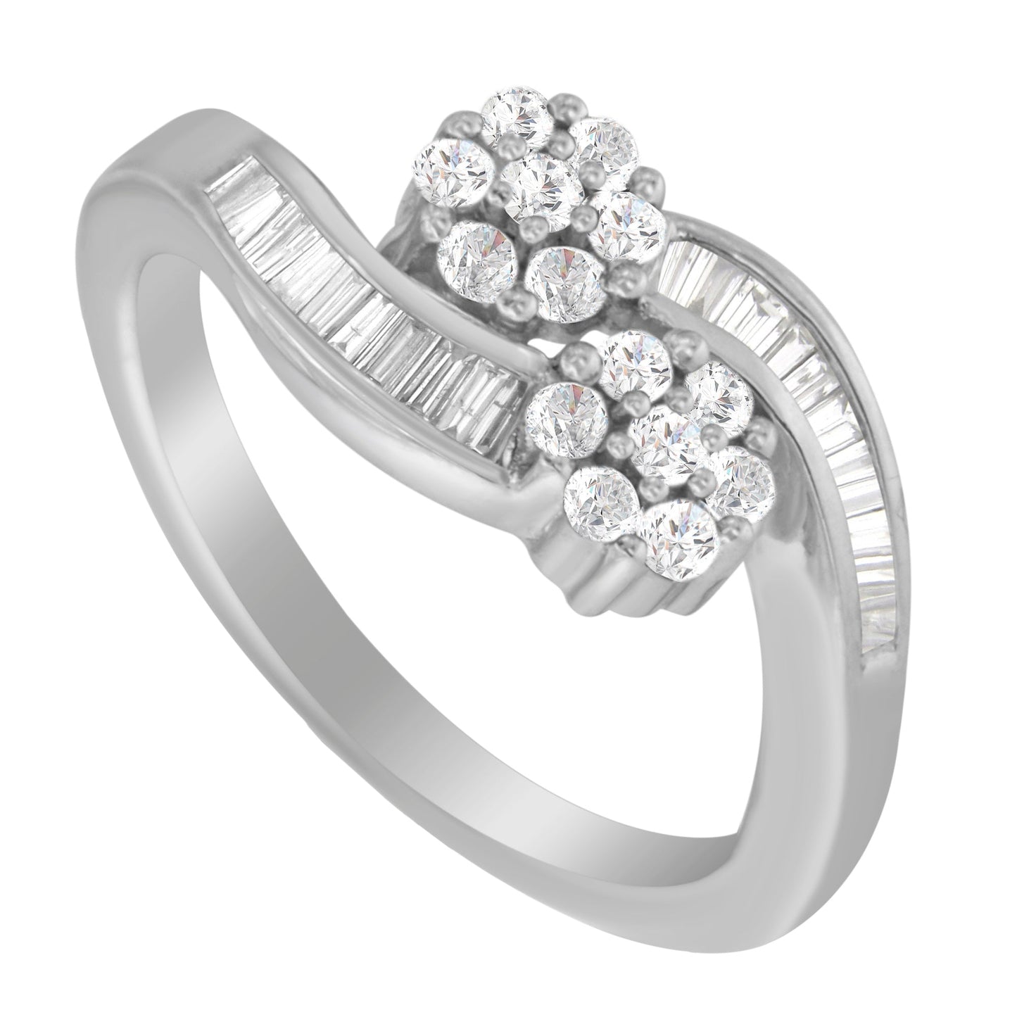 14K White Gold Round and Baguette Diamond Bypass Ring (1/2 cttw, H-I Color, I1-I2 Clarity) - Ring Size 6