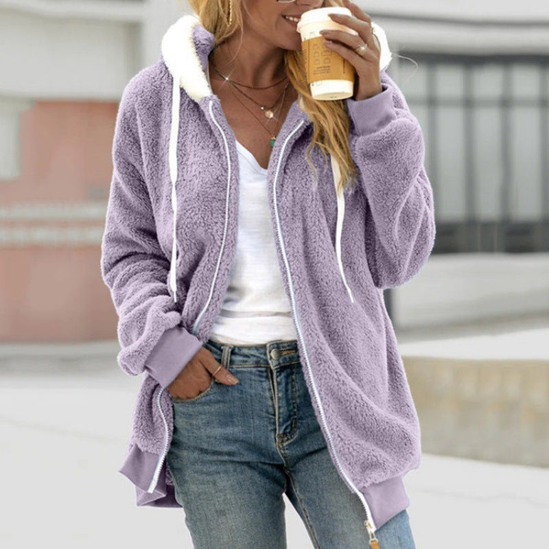 2026 Amazon Hot Selling New Autumn And Winter Loose Plush Zipper Hooded Jacket For Women, Fashionable And Versatile