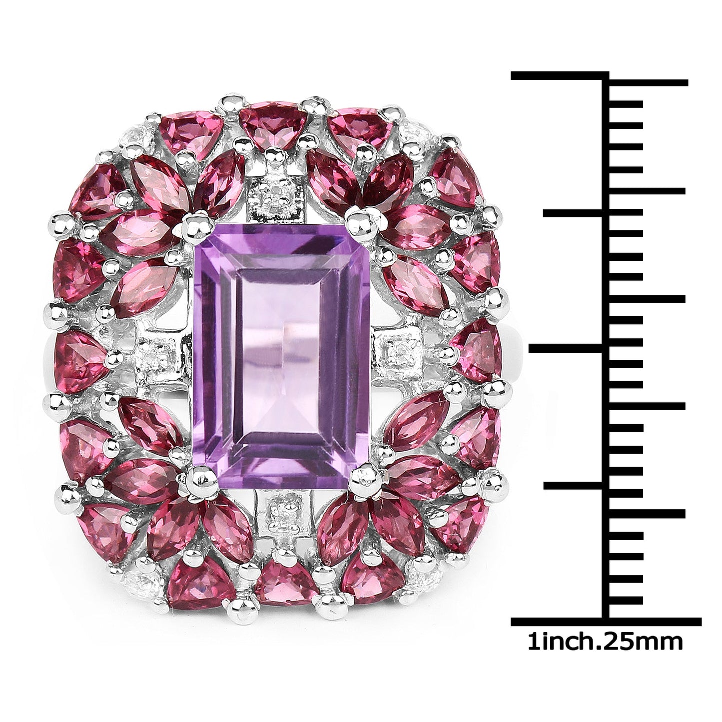 7.59 Carat Genuine Pink Amethyst, Rhodolite and White Topaz .925 Sterling Silver Ring
