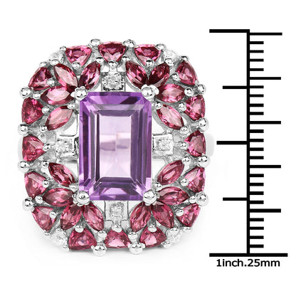 7.59 Carat Genuine Pink Amethyst, Rhodolite and White Topaz .925 Sterling Silver Ring