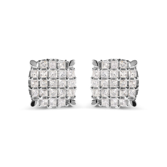 10K White Gold 3/4 Cttw Princess Diamond Composite Cushion Shape Stud Earrings (I-J Color, I1-I2 Clarity)