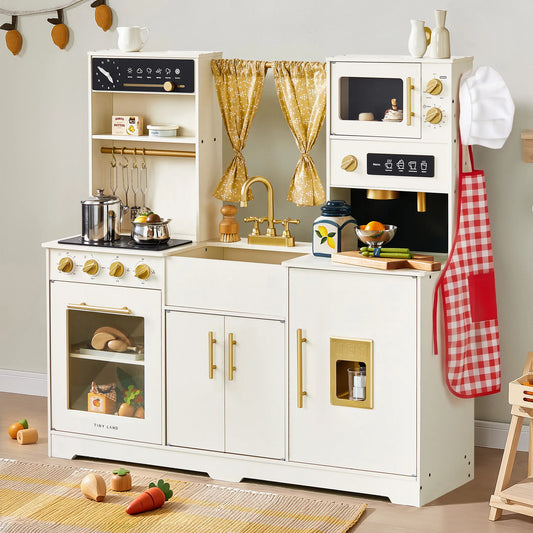 Tiny Land® Cocina de juguete de madera icónica – Set de cocina de simulación en crema para niños
