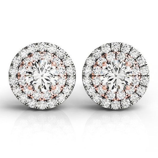Boucles d'oreilles rondes en or blanc et or rose 14 carats avec halo de diamants (3/4 carats au total)
