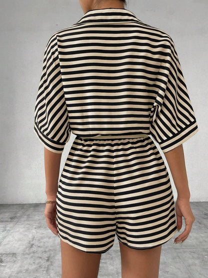 Tie Waist Half Button Striped Romper