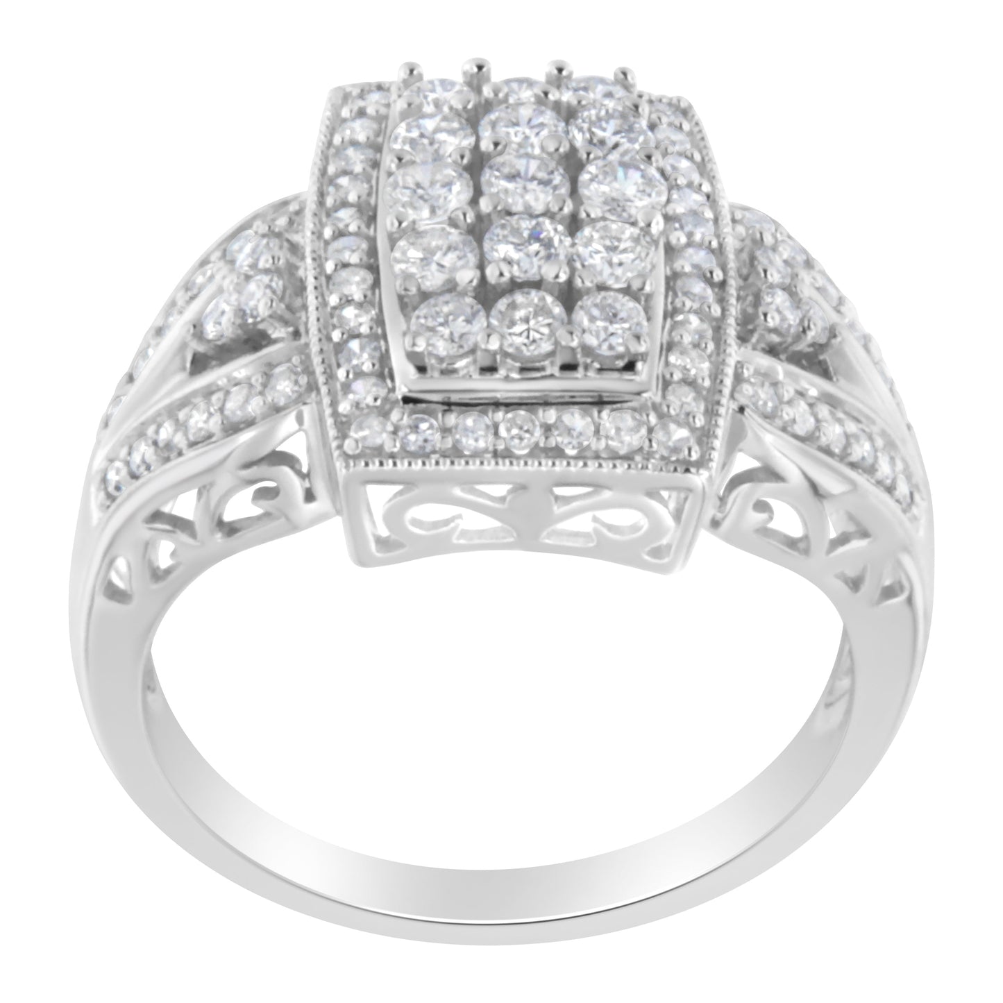 10K White Gold 1.0 Cttw Diamond Rectangular Cushion Shaped Cluster Halo Flared Band Cocktail Fashion Ring (H-I Color, SI2-I1 Clarity) - Size 7