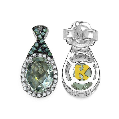 2.55 Carat Genuine Green Amethyst, Green Diamond & White Diamond .925 Sterling Silver Earrings