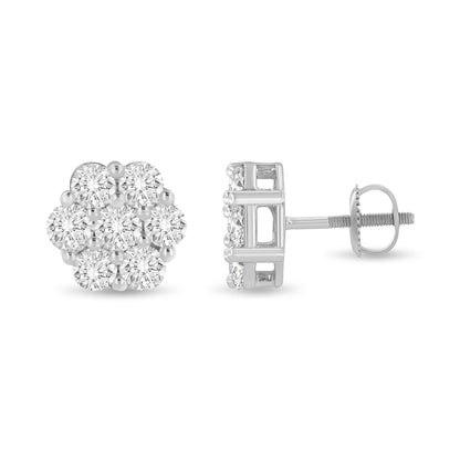 14K White Gold 3 cttw Prong Set Round-Cut Diamond Floral Cluster Stud Earring (I-J Color, SI1-SI2 Clarity)