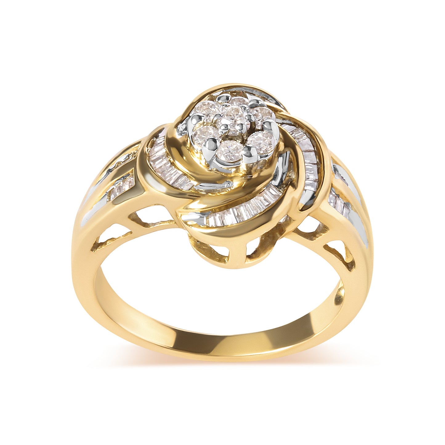 10K Yellow Gold 1/2 Cttw Round and Baguette Diamond Flower Swirl Cocktail Ring (I-J Color, SI2-I1 Clarity) - Ring Size 7