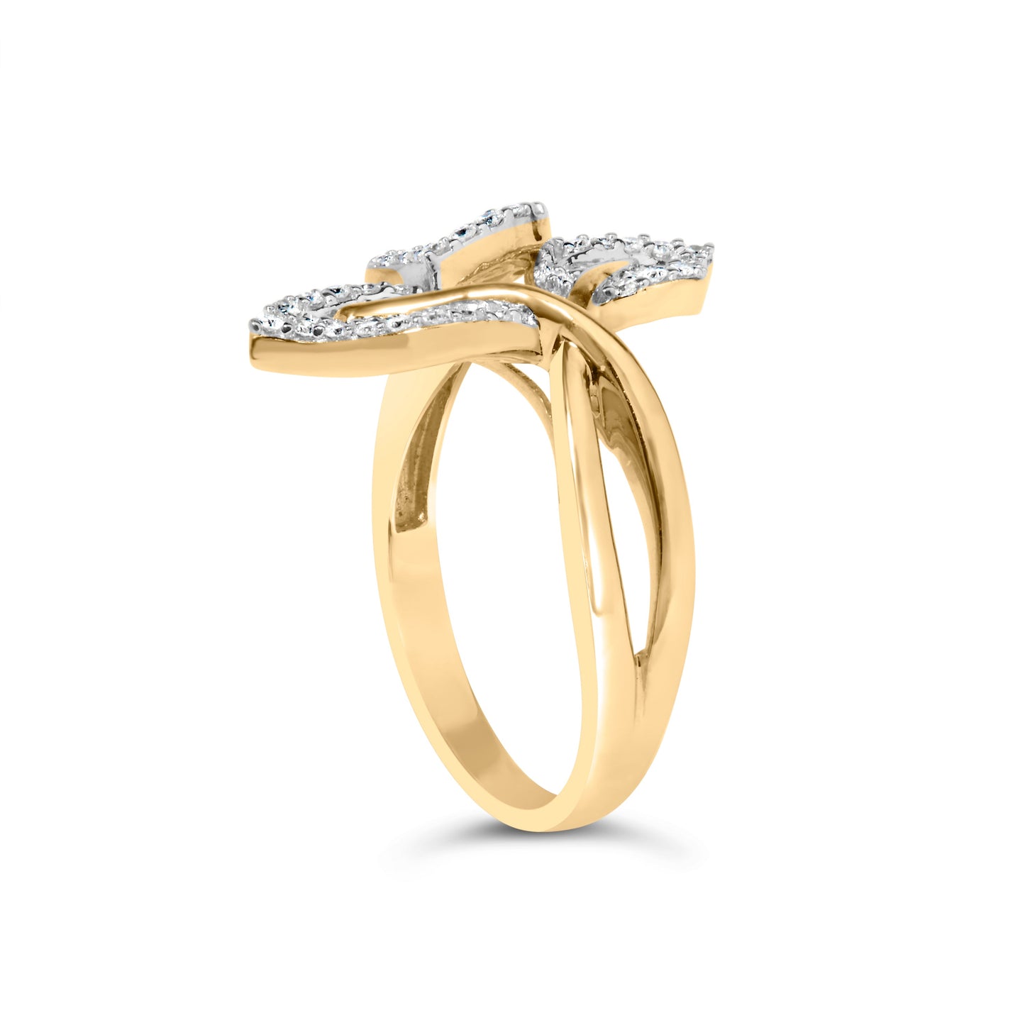 18K Yellow Gold Plated .925 Sterling Silver 1/2 Cttw Baguette and Round Diamond Bypass Triple Leaf Ring (I-J Color, I1-I2 Clarity) - Size 5