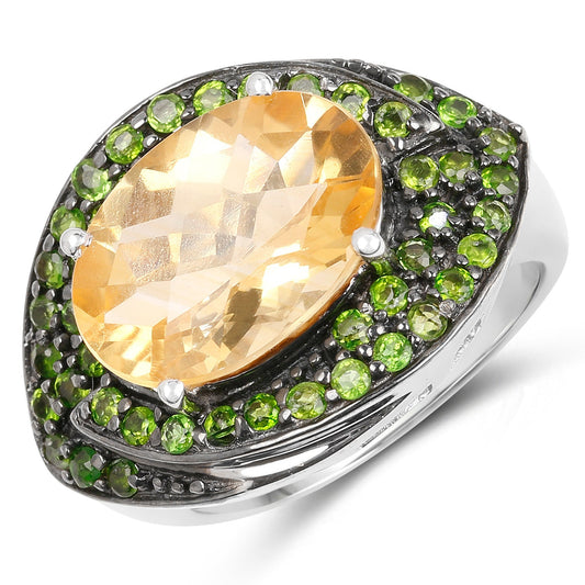 6.11 Carat Genuine Citrine and Chrome Diopside .925 Sterling Silver Ring