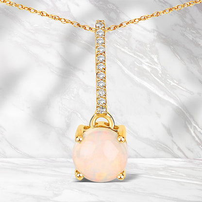 0.53 Carat Genuine Ethiopian Opal and White Diamond 10K Yellow Gold Pendant