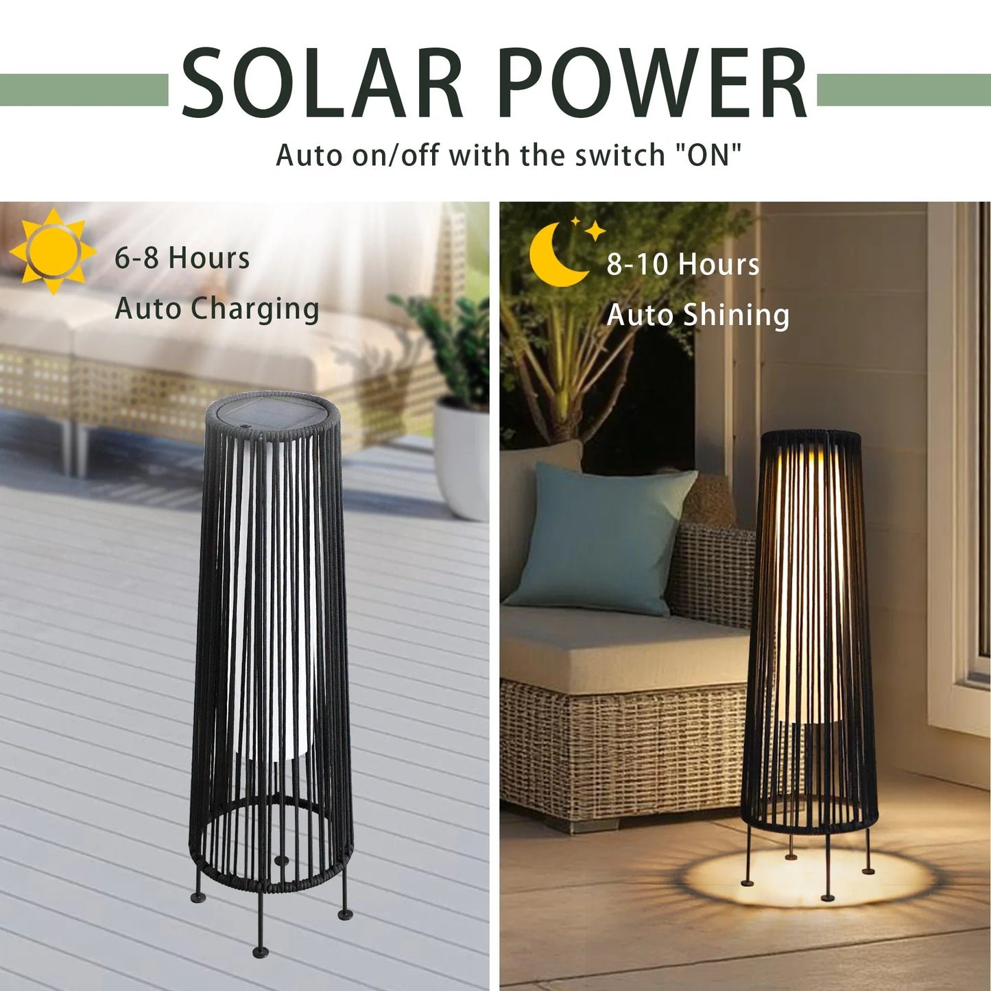 2 Piece Solar Powered Lantern Wicker Solar Patio Lamp Black