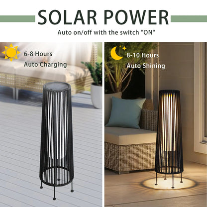 2 Piece Solar Powered Lantern Wicker Solar Patio Lamp Black