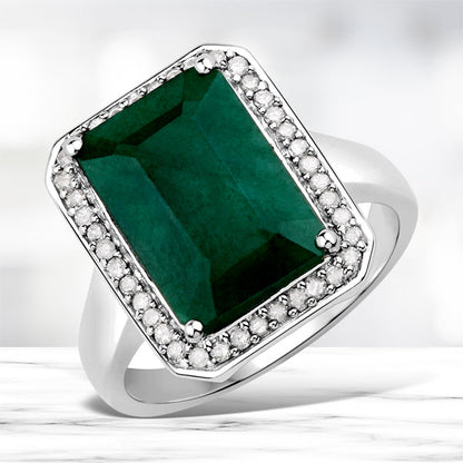5.72 Carat Dyed Emerald and White Diamond .925 Sterling Silver Ring