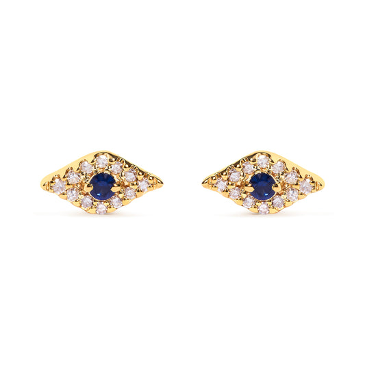Boucles d'oreilles clous œil de protection en or jaune 10 carats, saphir bleu et diamants (couleur H-I, pureté I1-I2)