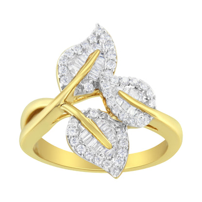 10k Yellow and White Gold 1/2 Cttw Baguette and Round Diamond Bypass Triple Leaf Ring (I-J Color, I1-I2 Clarity) - Size 7