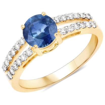 1.29 Carat Genuine Blue Sapphire and White Diamond 14K Yellow Gold Ring